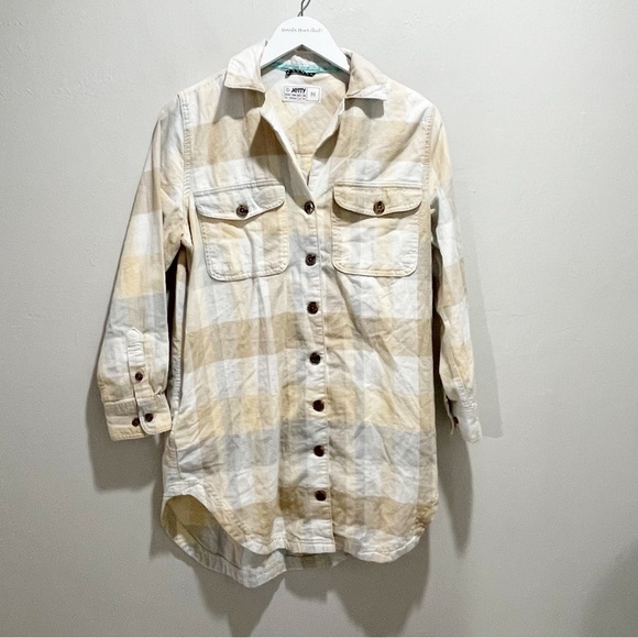 JETTY Women’s Sand Plaid Flannel Button Down BONITA Shirt Dress Pockets Size M - Picture 2 of 6